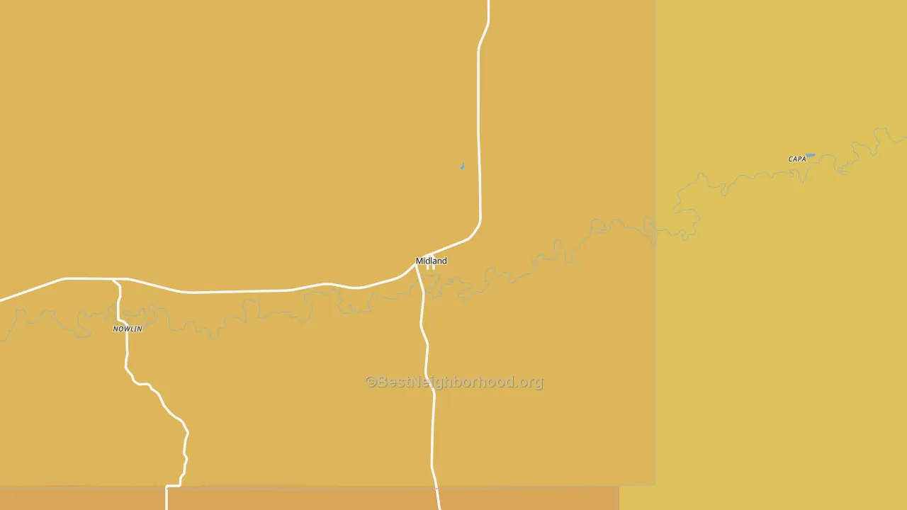 Map of the best neighborhoods in the Midland area, with better matches in green and worse matches in red