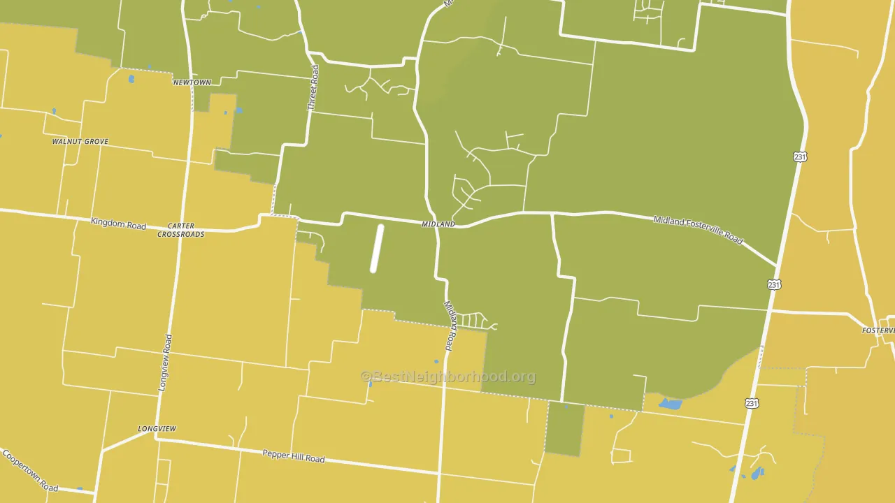 Map of the best neighborhoods in the Midland area, with better matches in green and worse matches in red