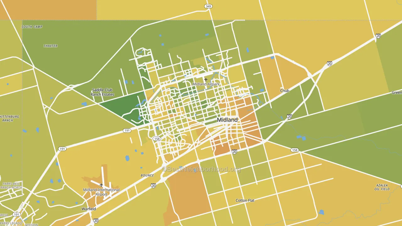 Map of the best neighborhoods in the Midland Metro area, with better matches in green and worse matches in red