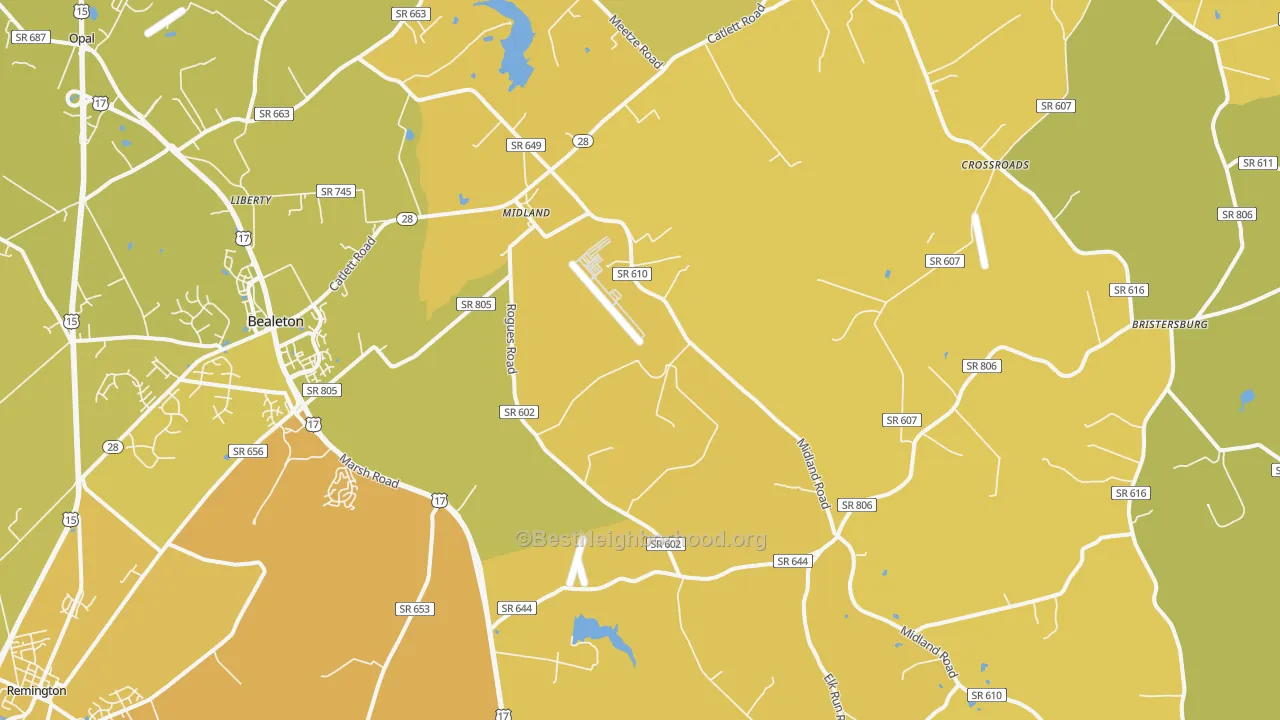 Map of the best neighborhoods in the Midland area, with better matches in green and worse matches in red