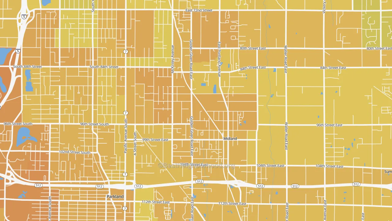 Map of the best neighborhoods in the Midland area, with better matches in green and worse matches in red