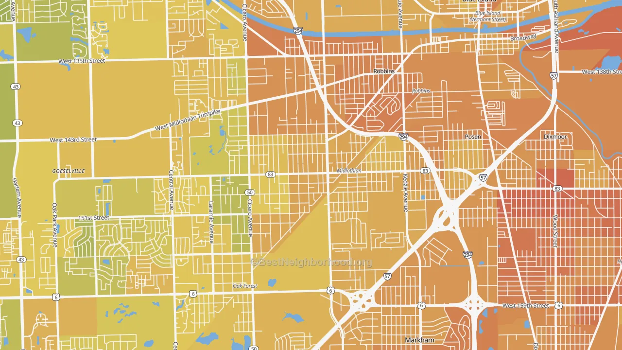 Map of the best neighborhoods in the Midlothian area, with better matches in green and worse matches in red