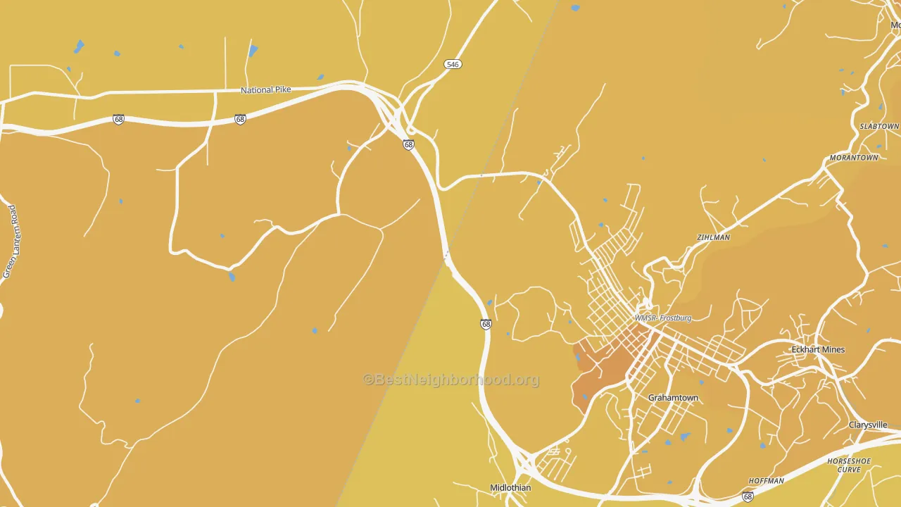 Map of the best neighborhoods in the Midlothian area, with better matches in green and worse matches in red
