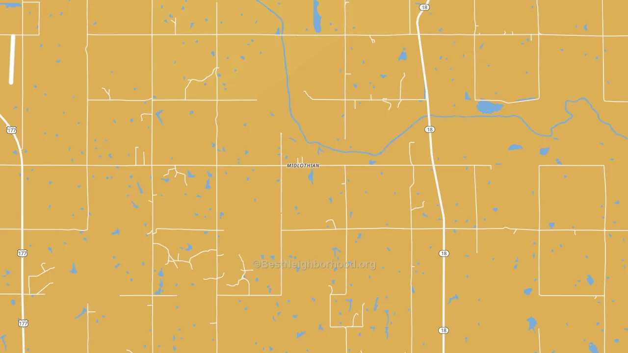 Map of the best neighborhoods in the Midlothian area, with better matches in green and worse matches in red