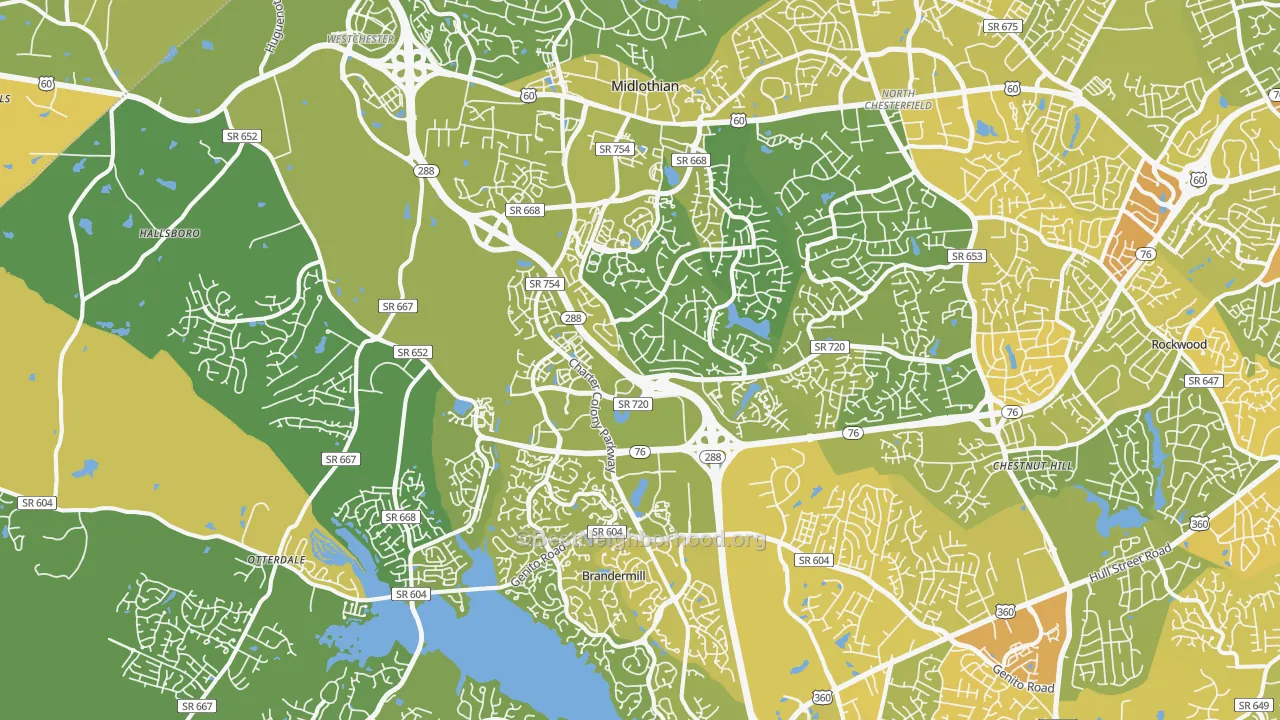 Map of the best neighborhoods in the Midlothian area, with better matches in green and worse matches in red