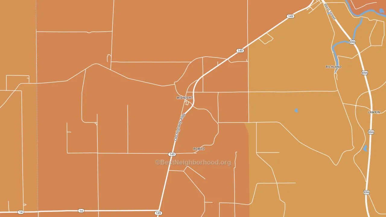 Map of the best neighborhoods in the Midnight area, with better matches in green and worse matches in red