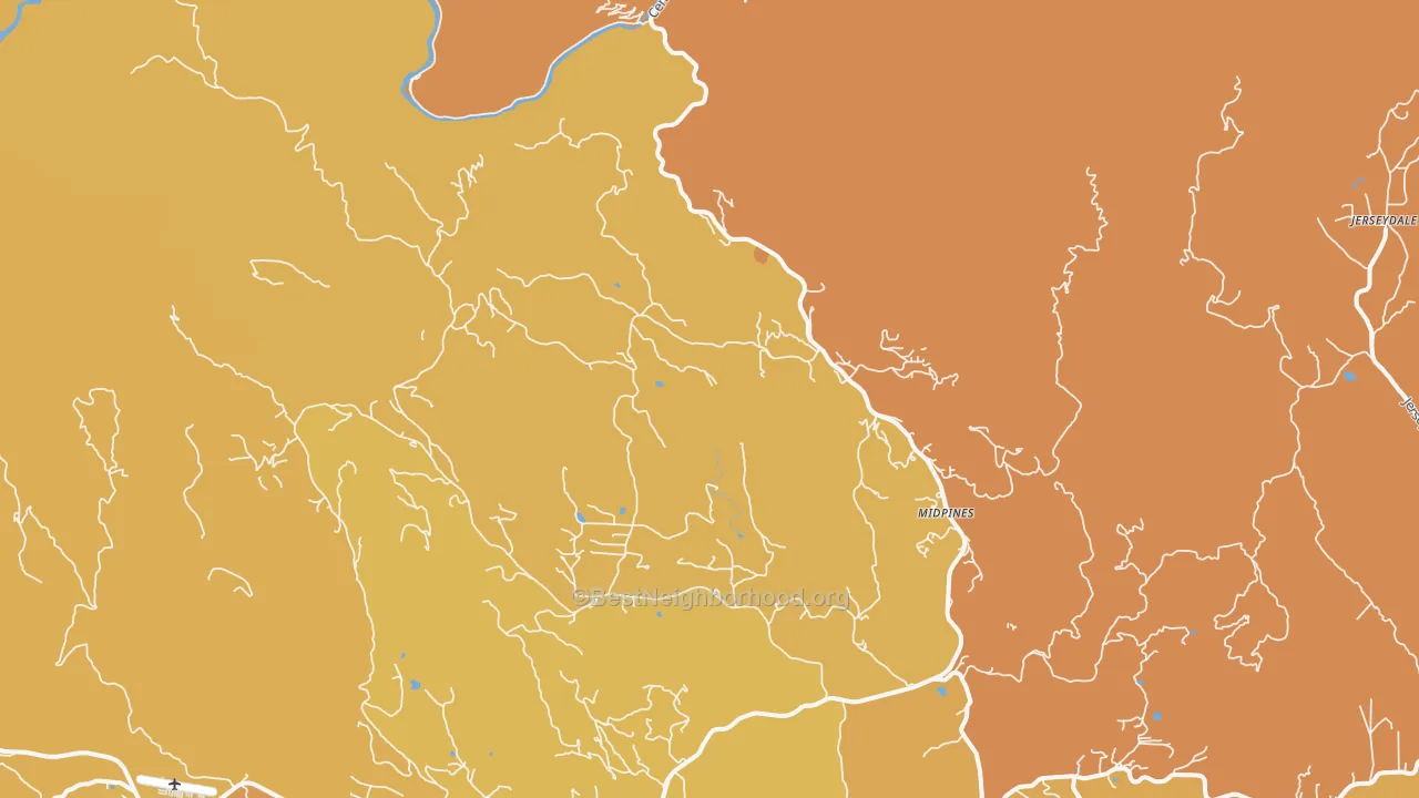 Map of the best neighborhoods in the Midpines area, with better matches in green and worse matches in red