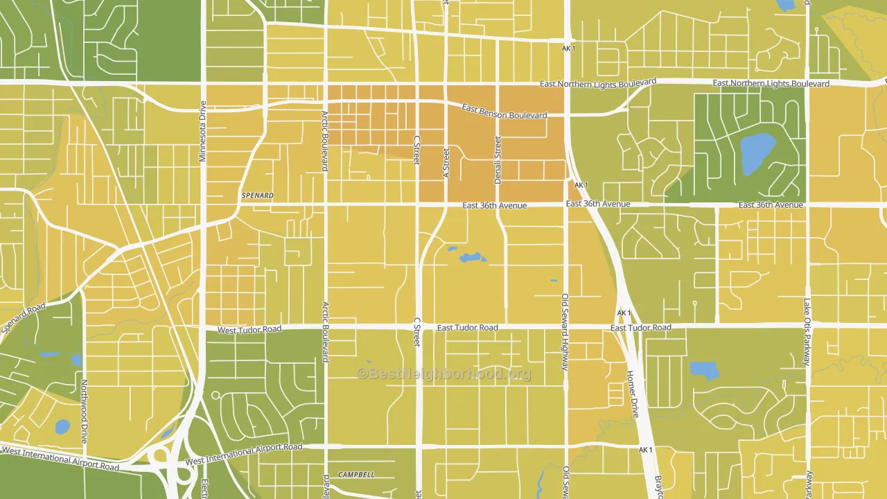 Map of the best neighborhoods in the Midtown, Anchorage area, with better matches in green and worse matches in red