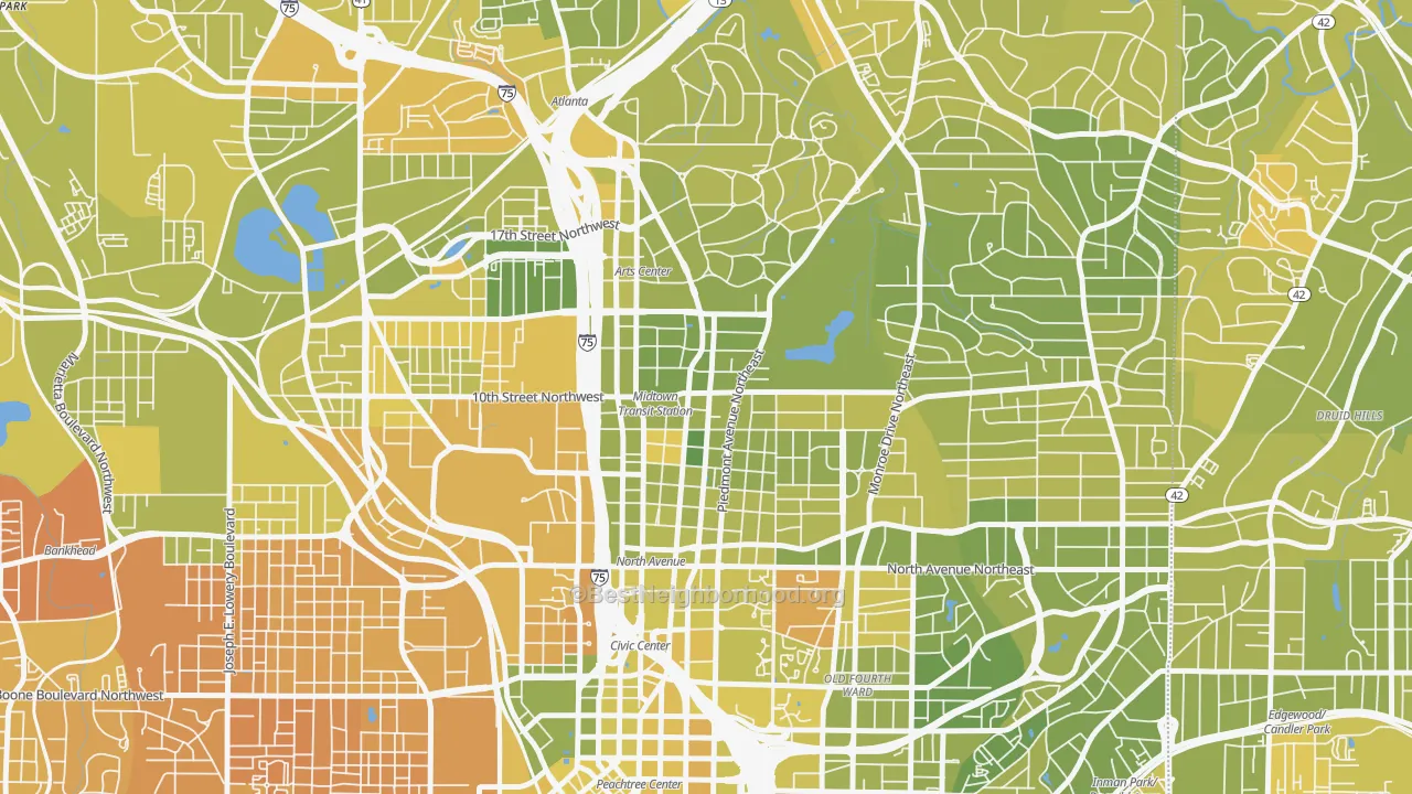 Map of the best neighborhoods in the Midtown Atlanta, Atlanta area, with better matches in green and worse matches in red