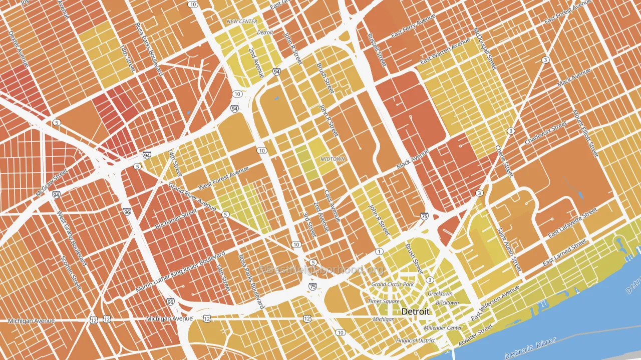 Map of the best neighborhoods in the Midtown-Detroit, Detroit area, with better matches in green and worse matches in red