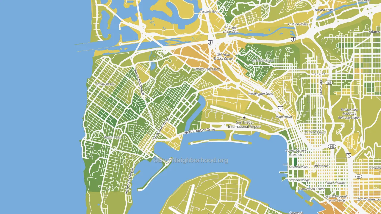 Map of the best neighborhoods in the Midtown District, San Diego area, with better matches in green and worse matches in red