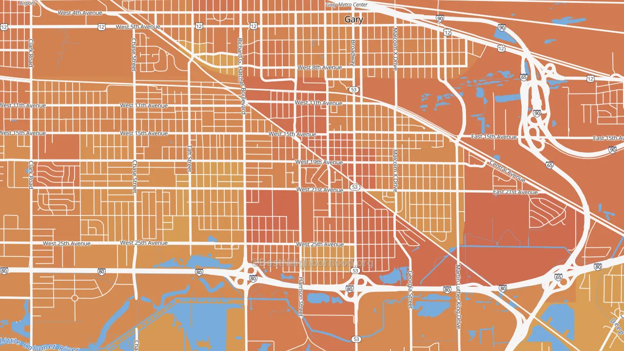 Map of the best neighborhoods in the Midtown, Gary area, with better matches in green and worse matches in red