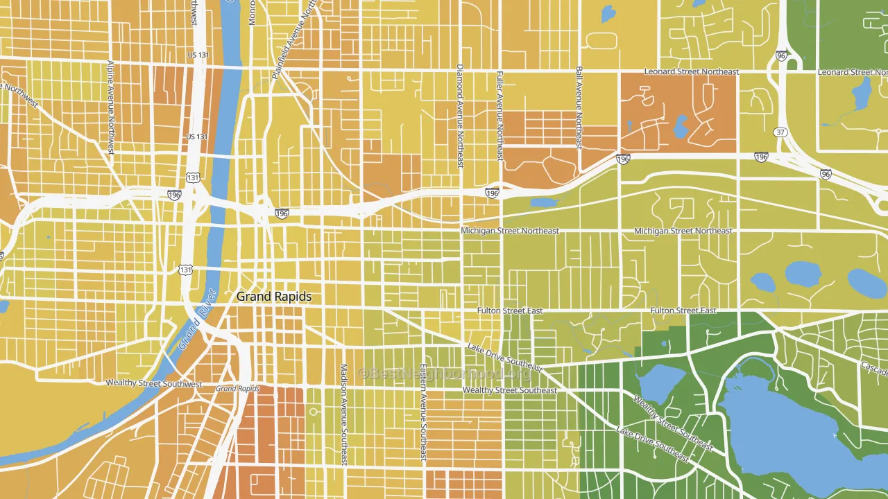 Map of the best neighborhoods in the Midtown-Grand Rapids, Grand Rapids area, with better matches in green and worse matches in red