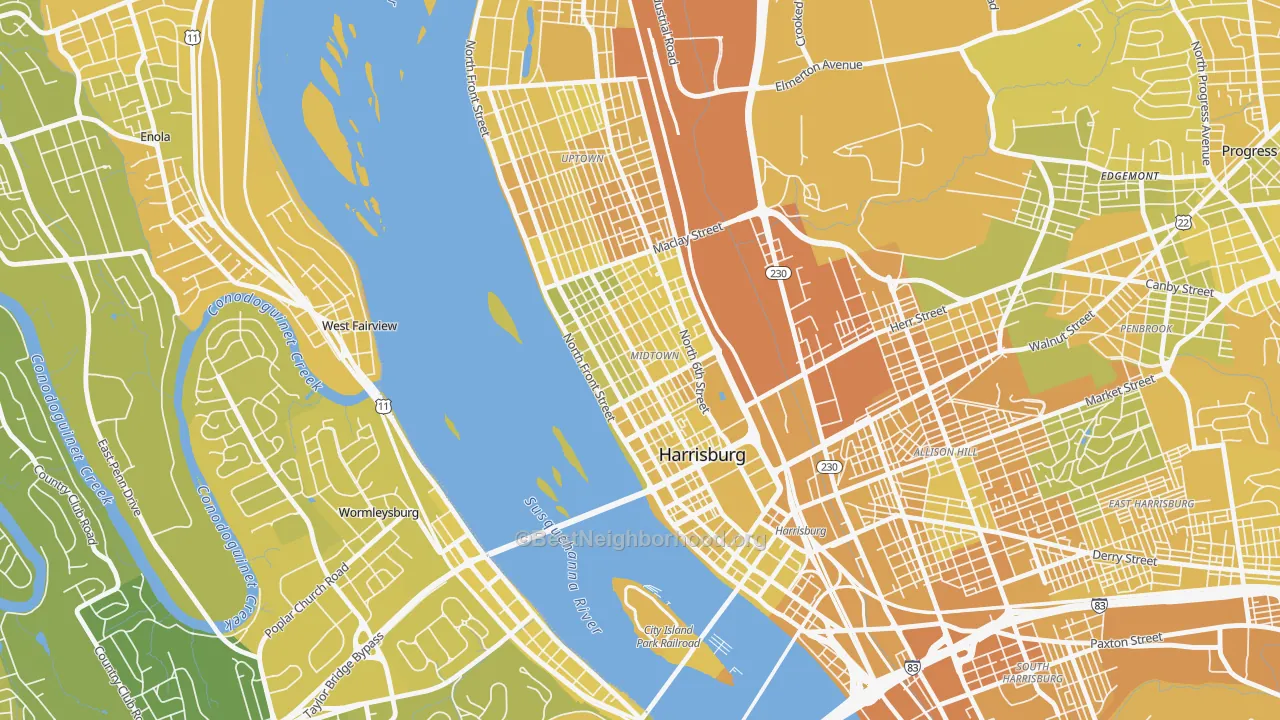 Map of the best neighborhoods in the Midtown Harrisburg, Harrisburg area, with better matches in green and worse matches in red