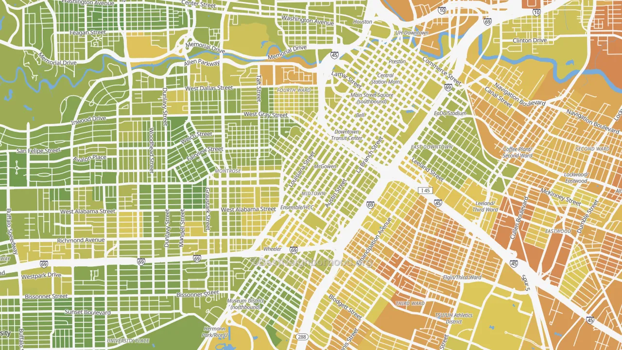 Map of the best neighborhoods in the Midtown, Houston area, with better matches in green and worse matches in red