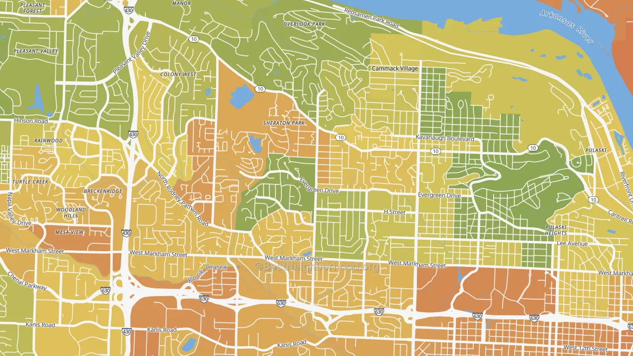 Map of the best neighborhoods in the Midtown, Little Rock area, with better matches in green and worse matches in red