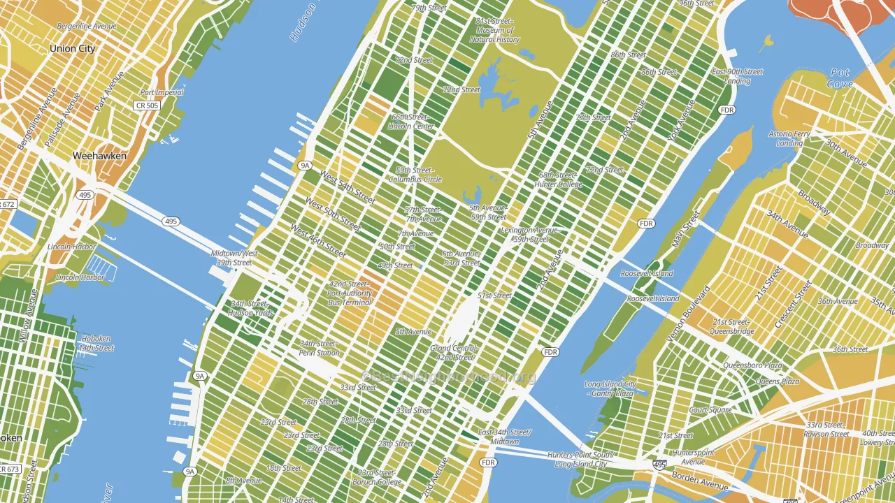 Map of the best neighborhoods in the Midtown, Manhattan area, with better matches in green and worse matches in red