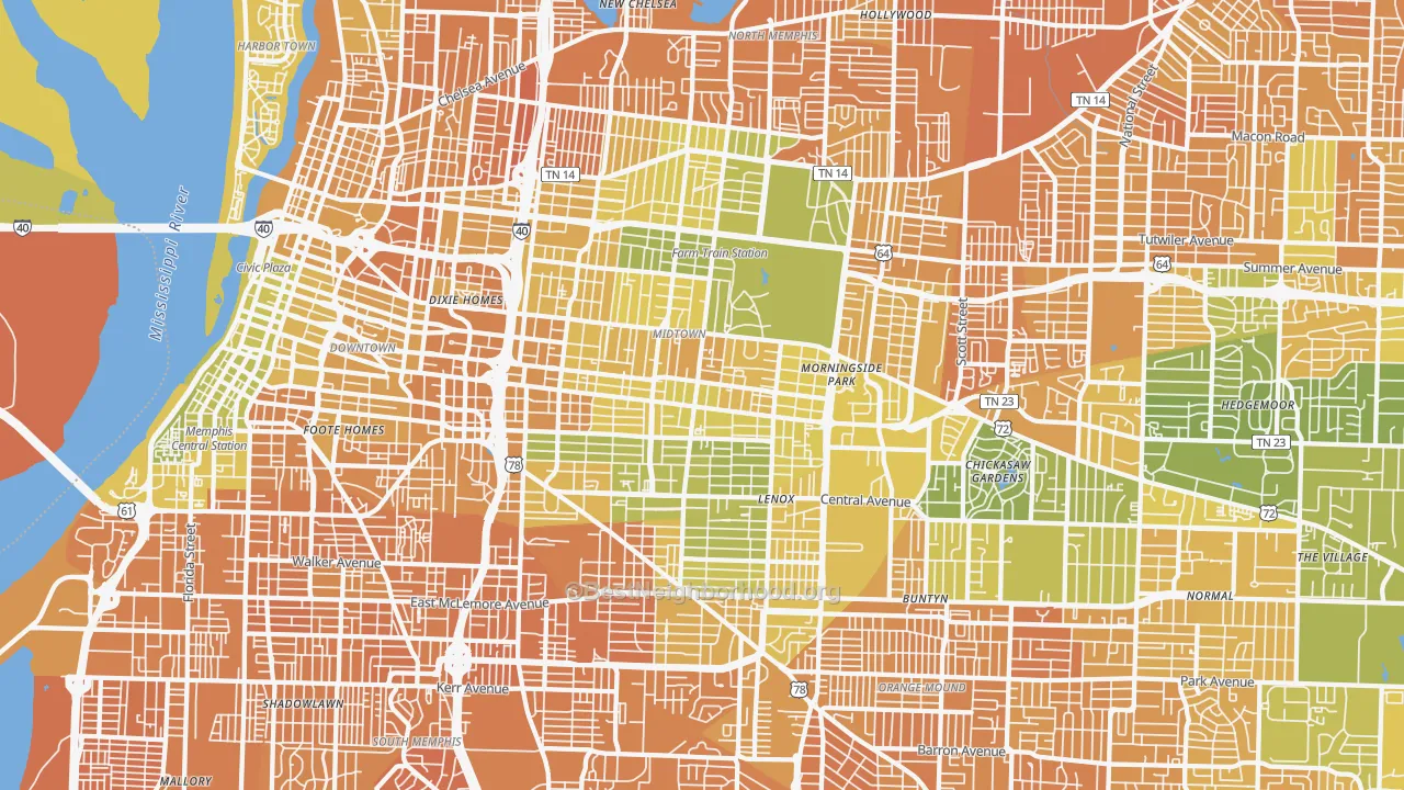 Map of the best neighborhoods in the Midtown-Memphis, Memphis area, with better matches in green and worse matches in red