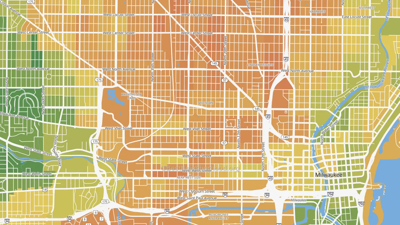 Map of the best neighborhoods in the Midtown, Milwaukee area, with better matches in green and worse matches in red