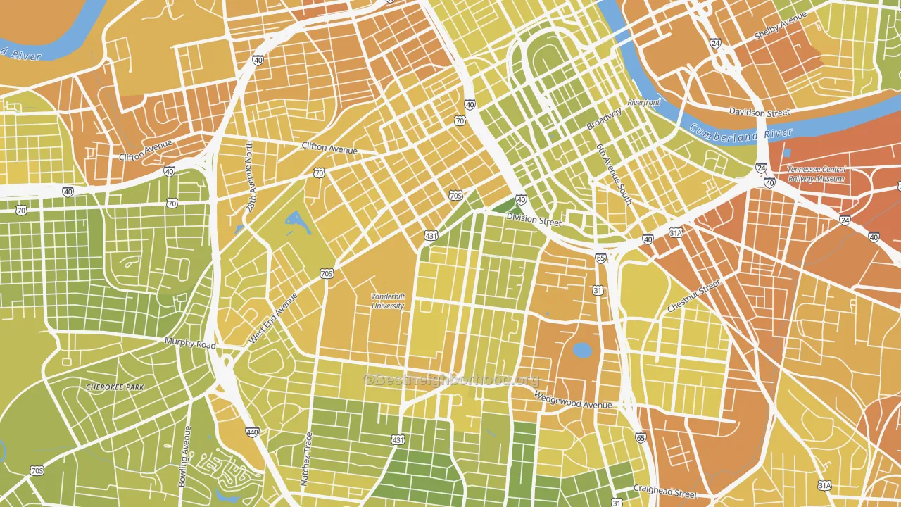 Map of the best neighborhoods in the Midtown-Nashville, Nashville area, with better matches in green and worse matches in red