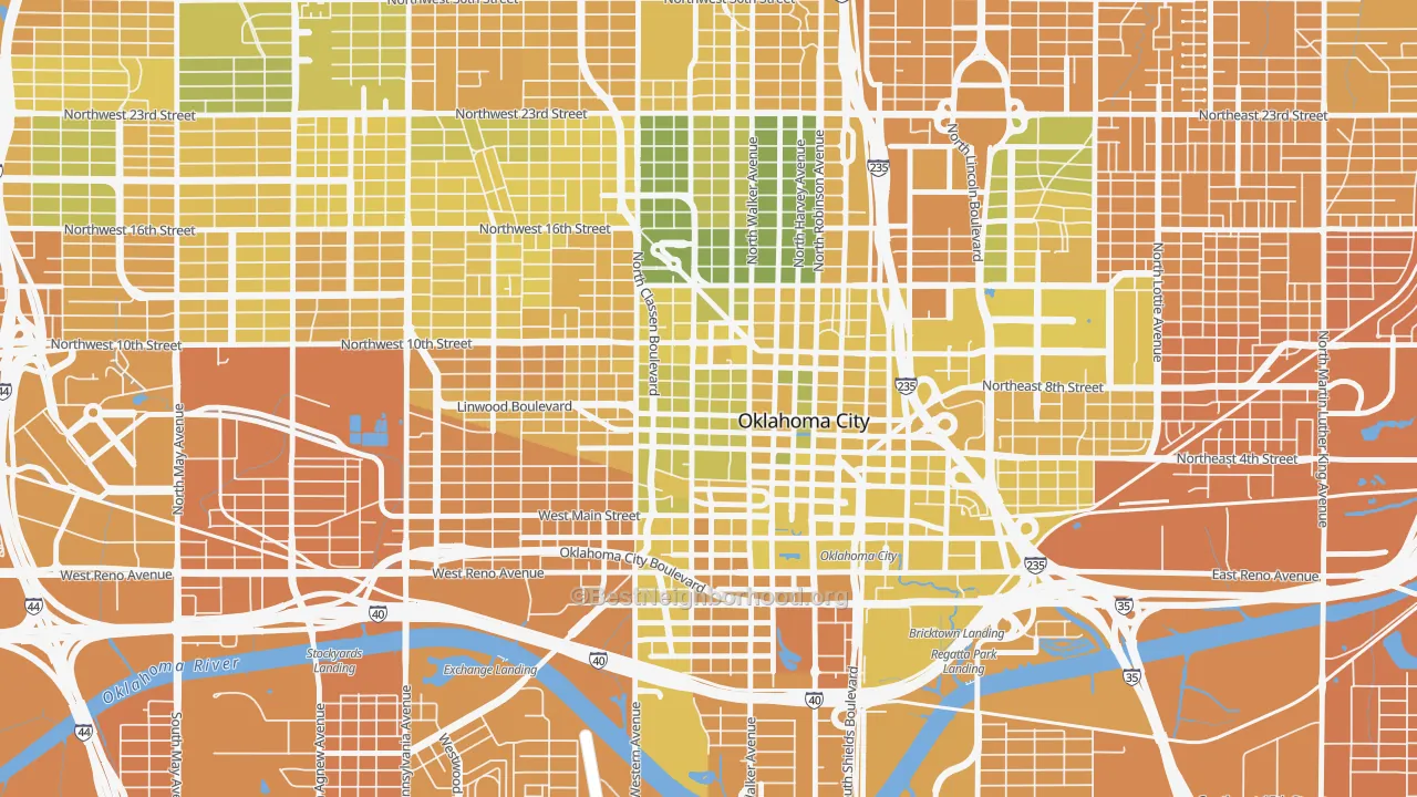 Map of the best neighborhoods in the Midtown, Oklahoma City area, with better matches in green and worse matches in red
