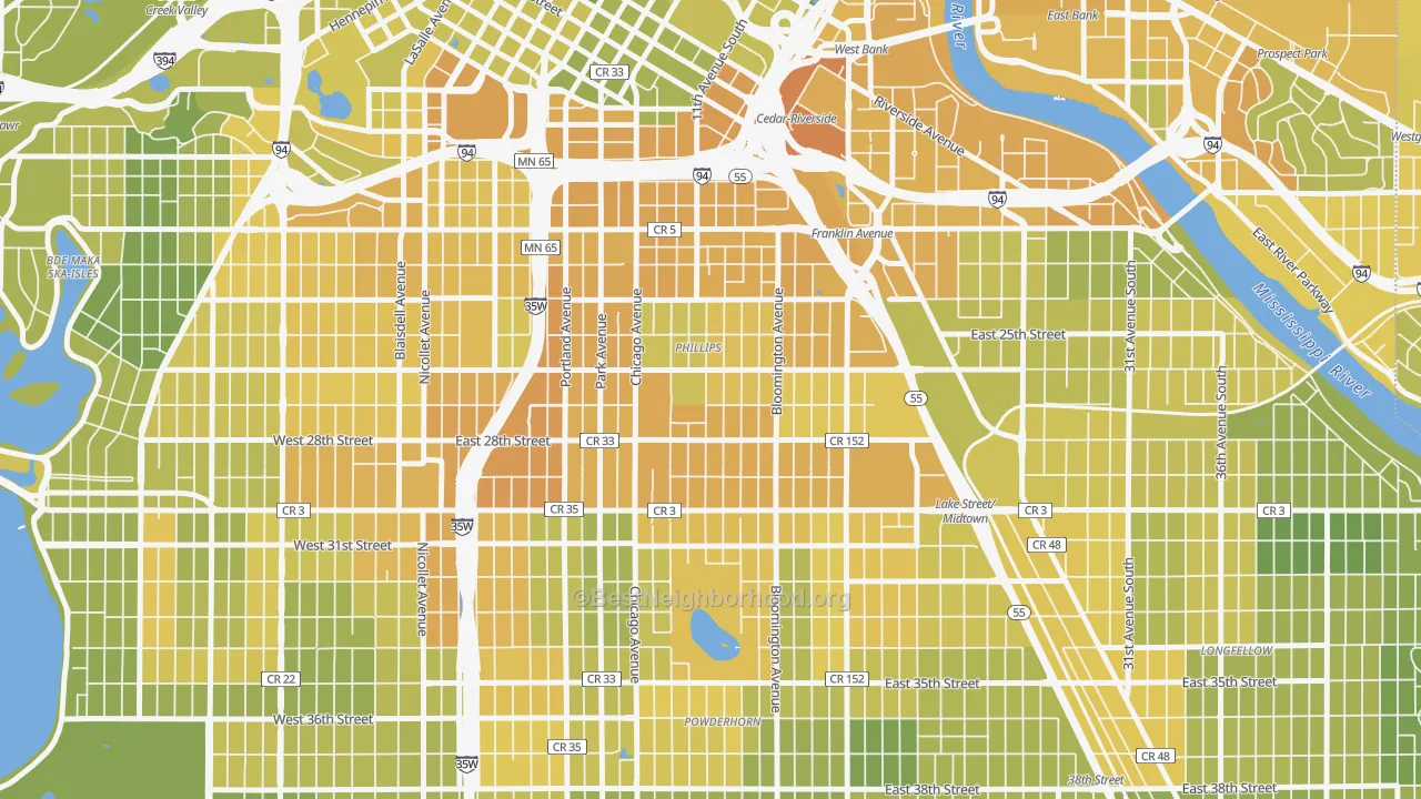 Map of the best neighborhoods in the Midtown Phillips, Minneapolis area, with better matches in green and worse matches in red