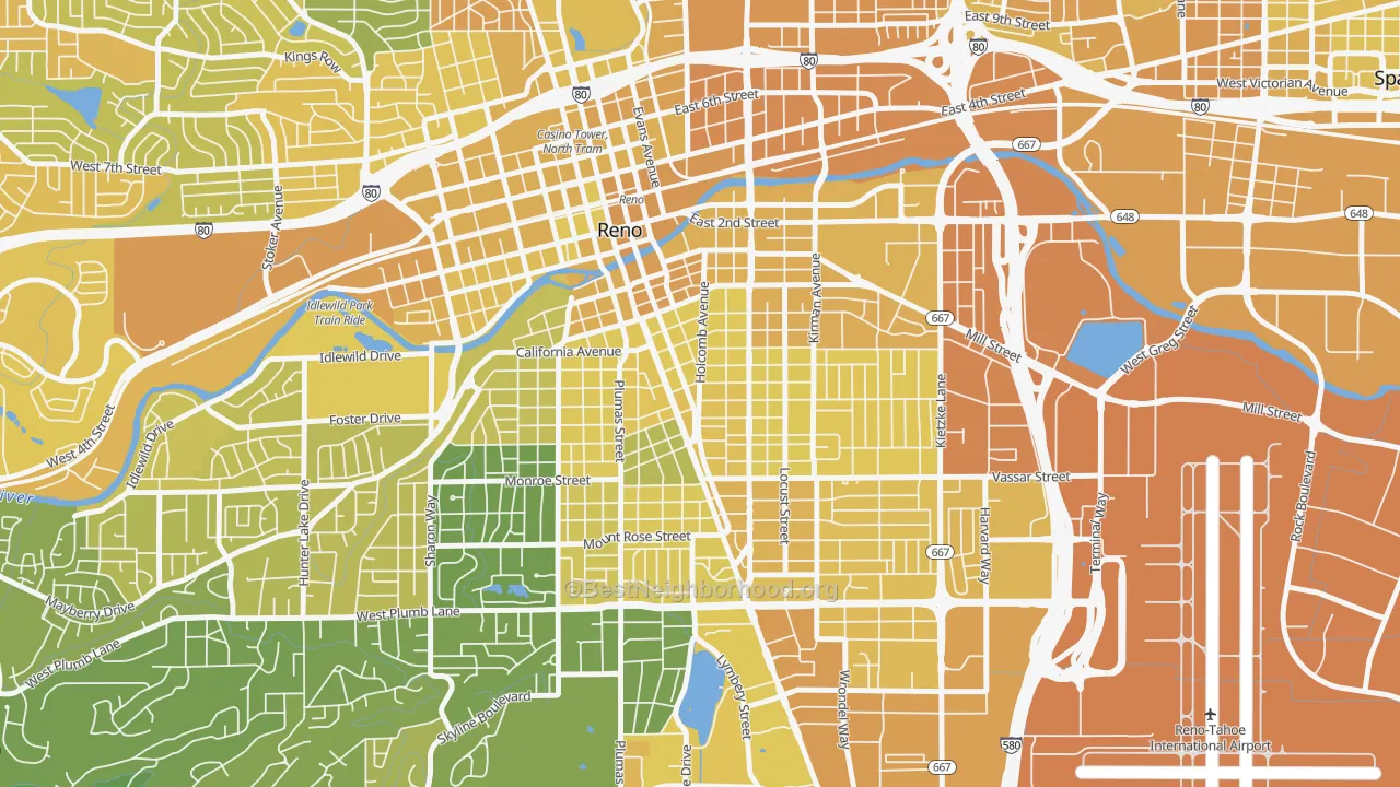Map of the best neighborhoods in the Midtown, Reno area, with better matches in green and worse matches in red