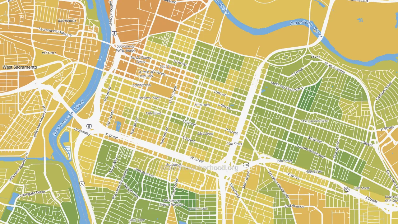 Map of the best neighborhoods in the Midtown, Sacramento area, with better matches in green and worse matches in red