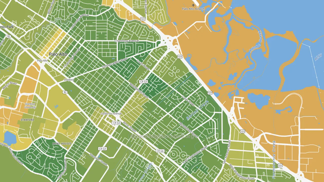 Map of the best neighborhoods in the Midtown-San Jose, Palo Alto area, with better matches in green and worse matches in red