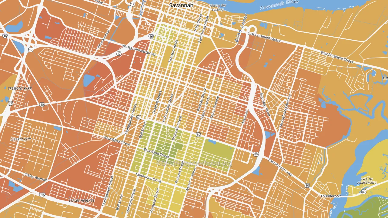 Map of the best neighborhoods in the Midtown Savannah, Savannah area, with better matches in green and worse matches in red