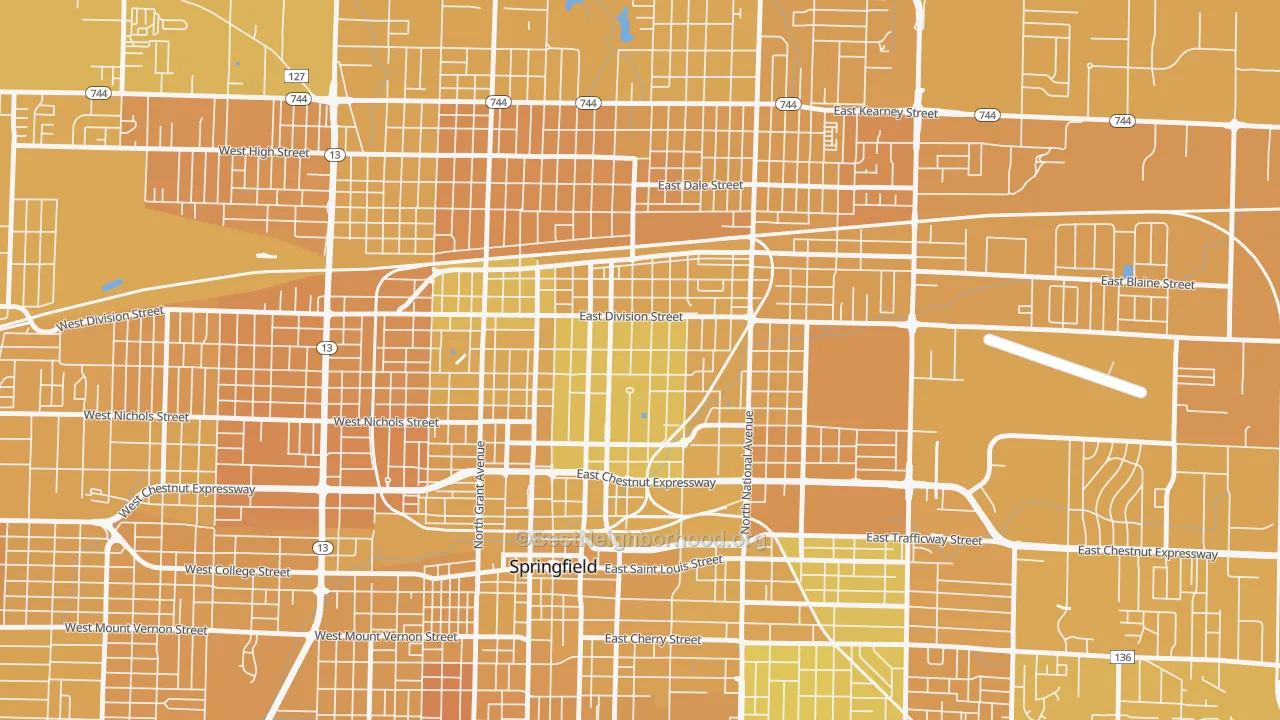 Map of the best neighborhoods in the Midtown Springfield, Springfield area, with better matches in green and worse matches in red