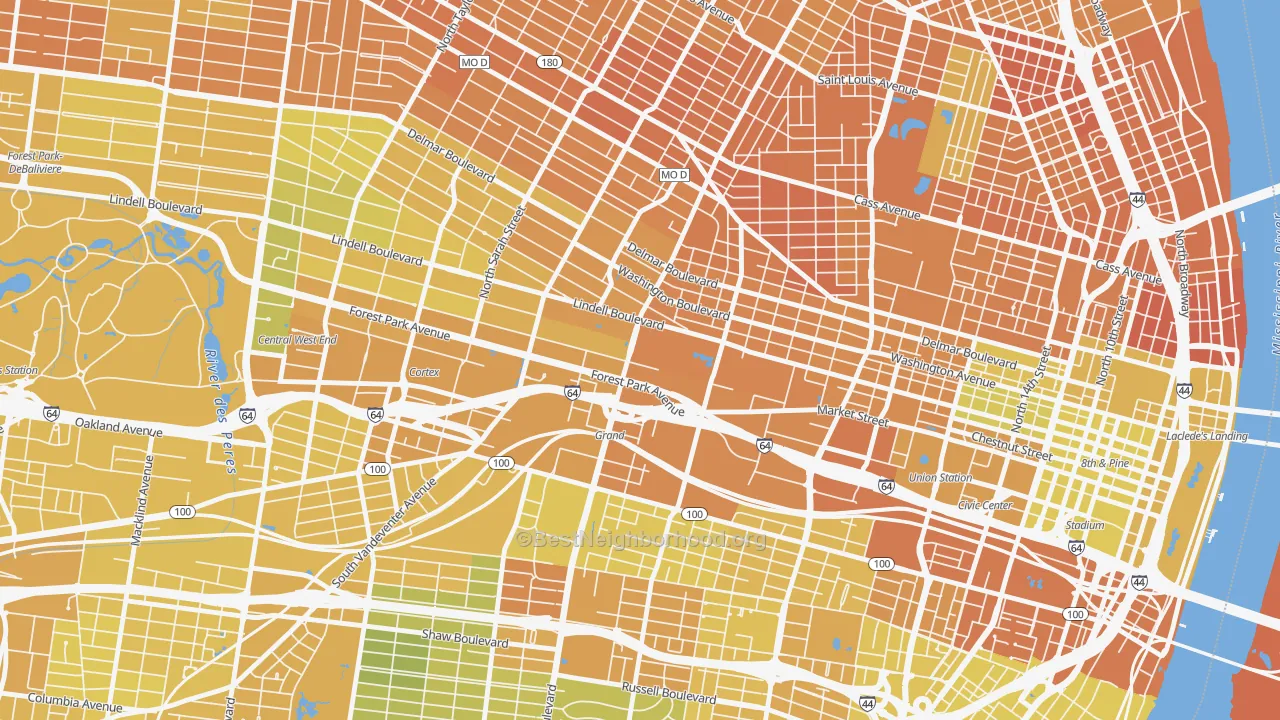 Map of the best neighborhoods in the Midtown St. Louis, St. Louis area, with better matches in green and worse matches in red