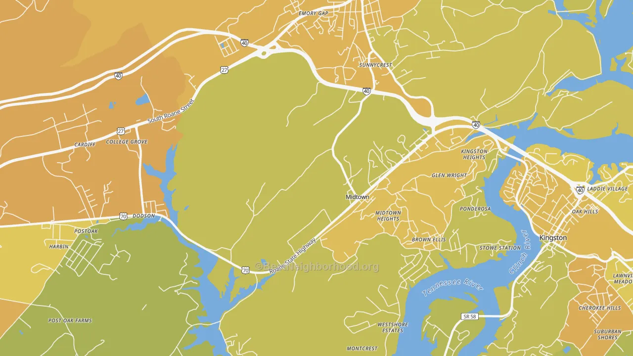 Map of the best neighborhoods in the Midtown area, with better matches in green and worse matches in red