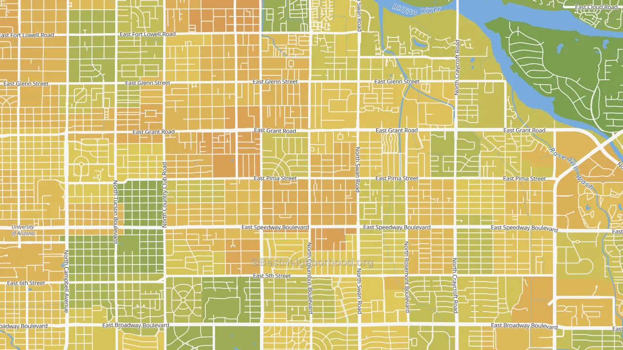 Map of the best neighborhoods in the Midtown, Tucson area, with better matches in green and worse matches in red