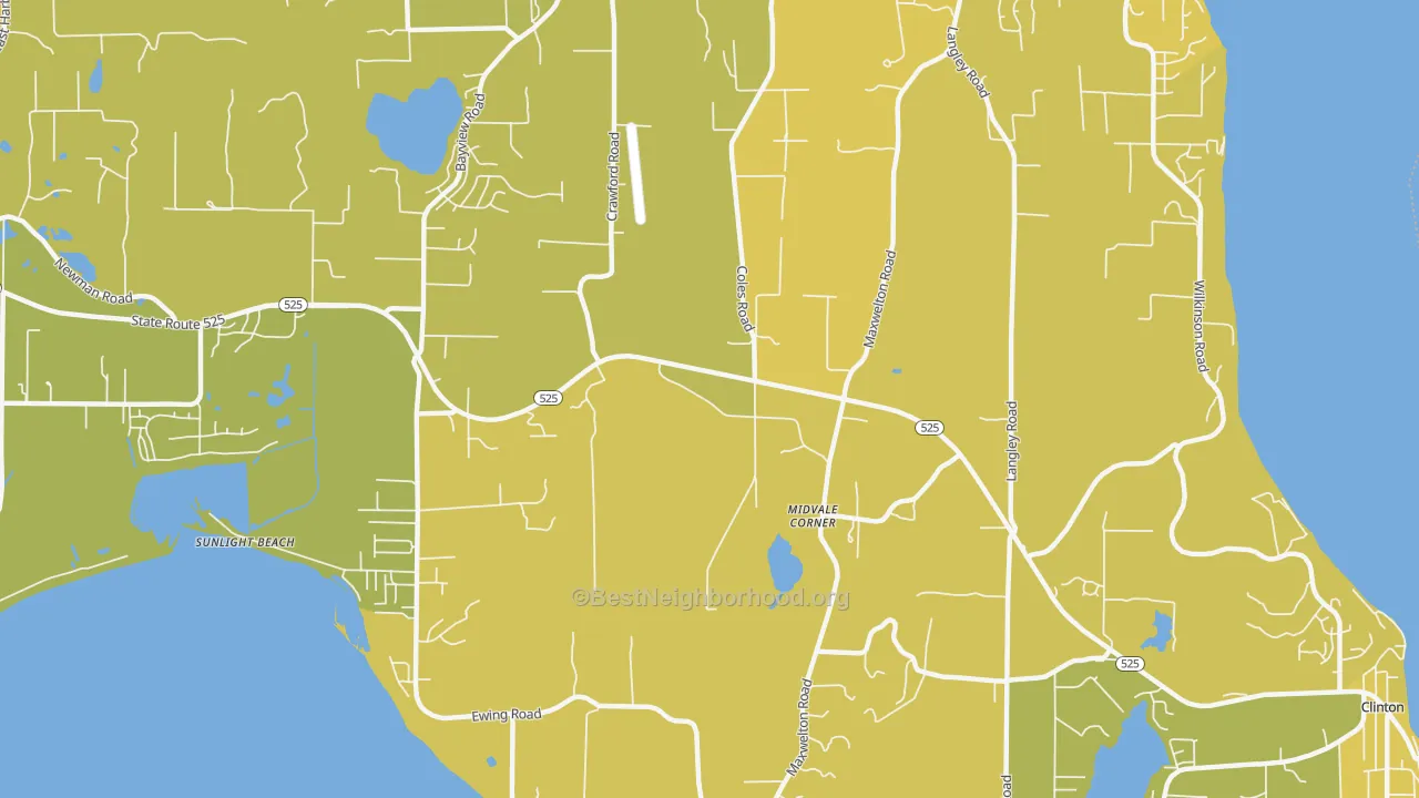Map of the best neighborhoods in the Midvale Corner area, with better matches in green and worse matches in red