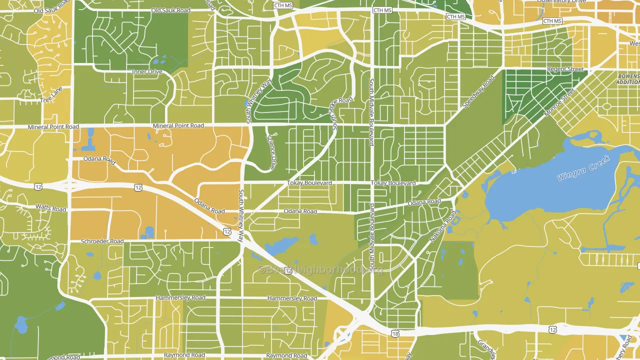 Map of the best neighborhoods in the Midvale Heights, Madison area, with better matches in green and worse matches in red