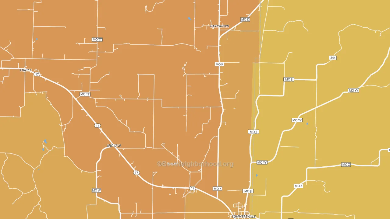 Map of the best neighborhoods in the Midvale area, with better matches in green and worse matches in red
