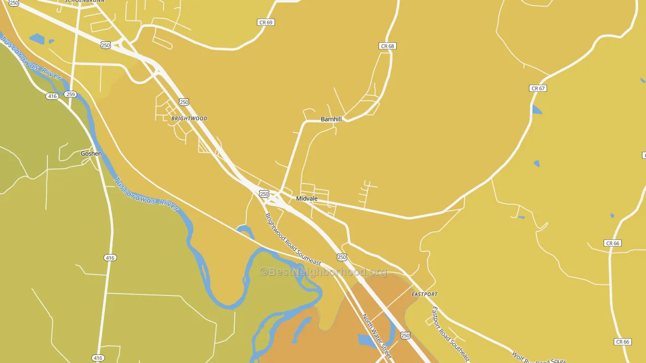 Map of the best neighborhoods in the Midvale area, with better matches in green and worse matches in red