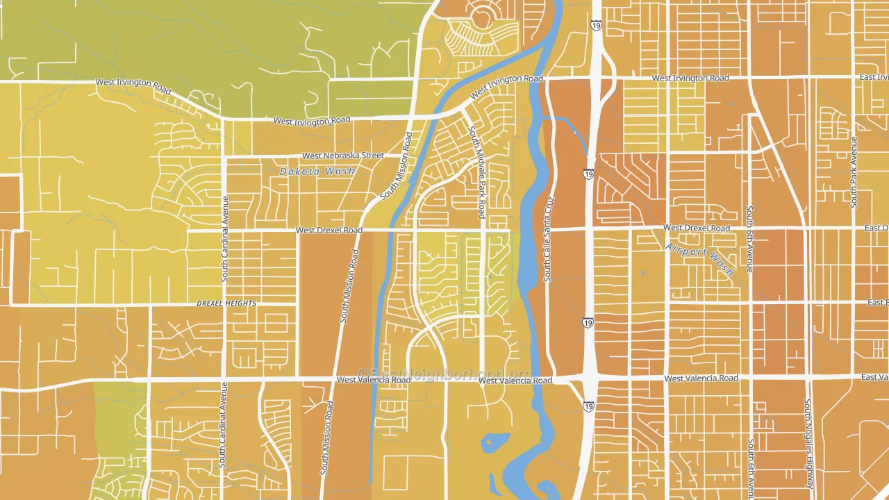 Map of the best neighborhoods in the Midvale Park, Tucson area, with better matches in green and worse matches in red