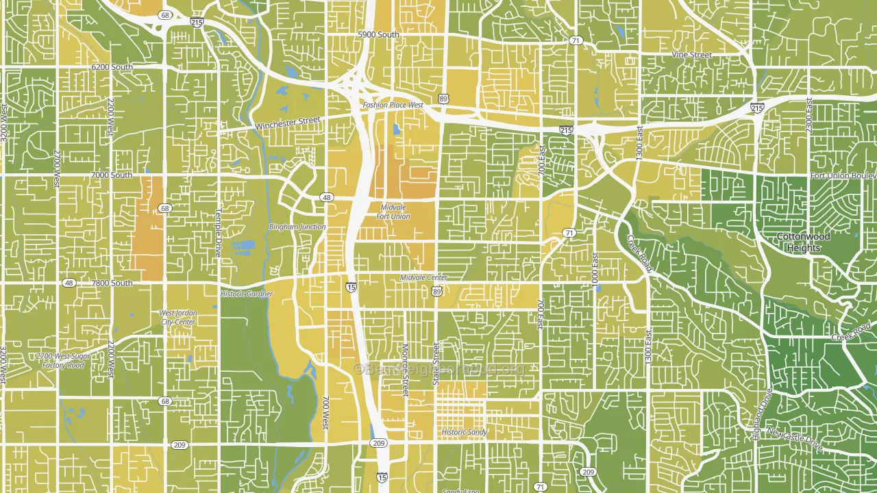 Map of the best neighborhoods in the Midvale area, with better matches in green and worse matches in red