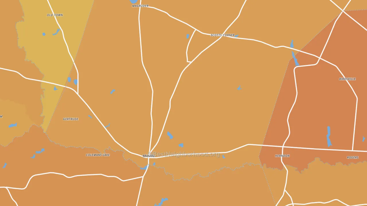 Map of the best neighborhoods in the Midville area, with better matches in green and worse matches in red
