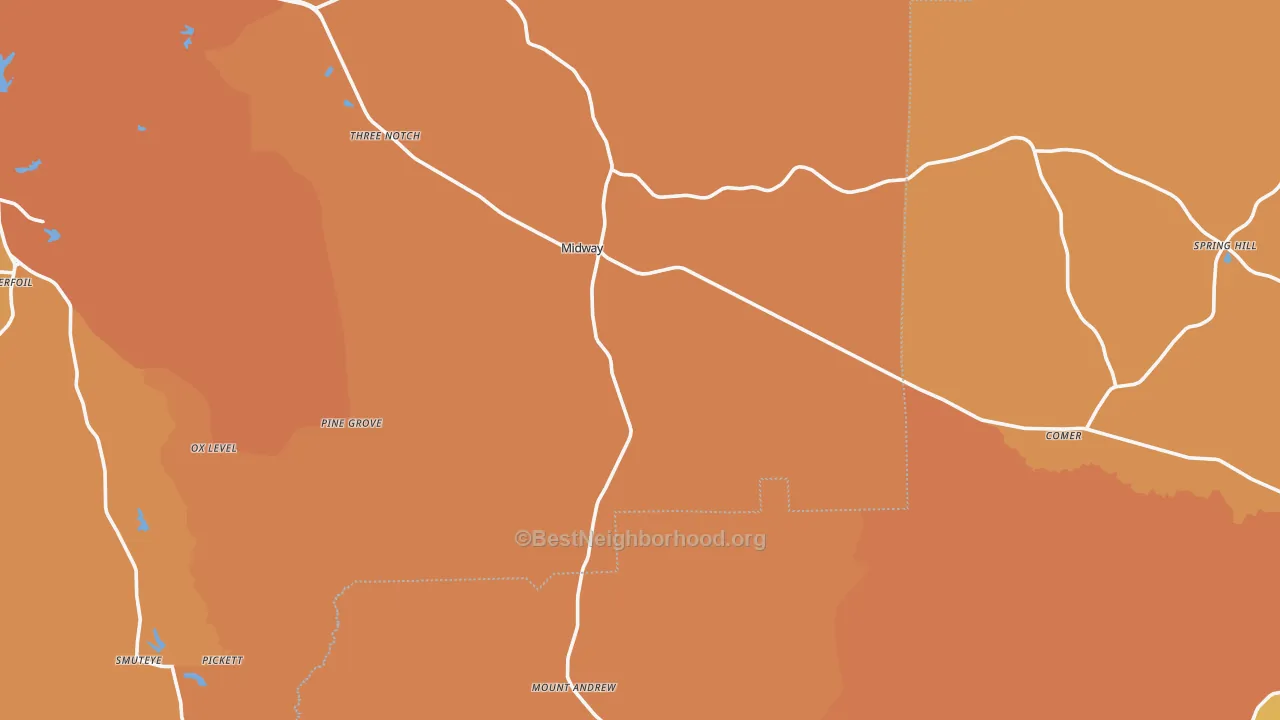 Map of the best neighborhoods in the Midway area, with better matches in green and worse matches in red