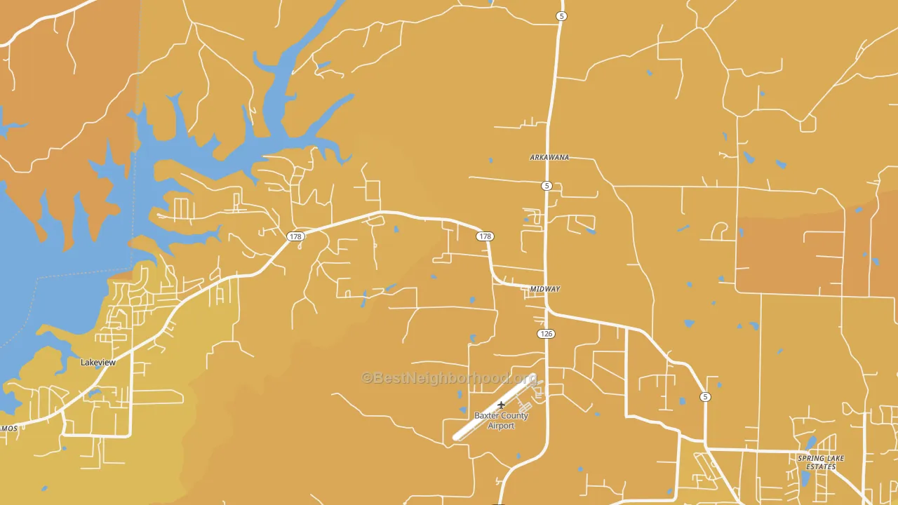 Map of the best neighborhoods in the Midway area, with better matches in green and worse matches in red