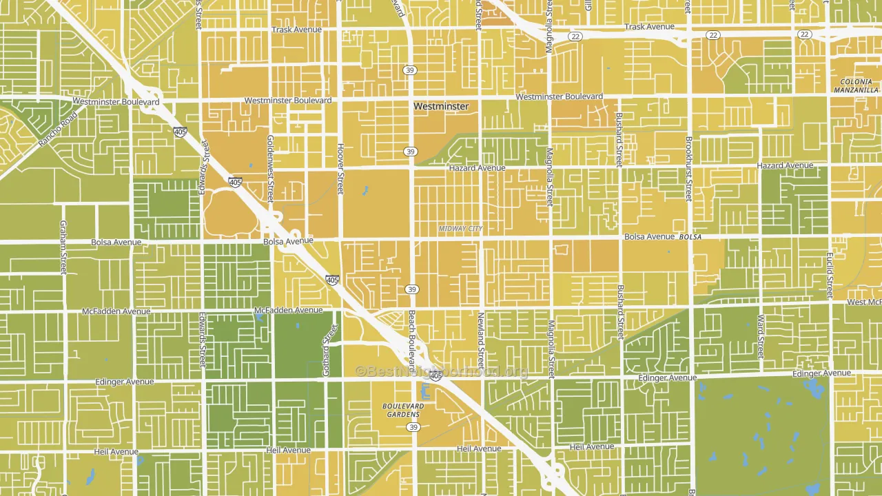 Map of the best neighborhoods in the Midway City area, with better matches in green and worse matches in red