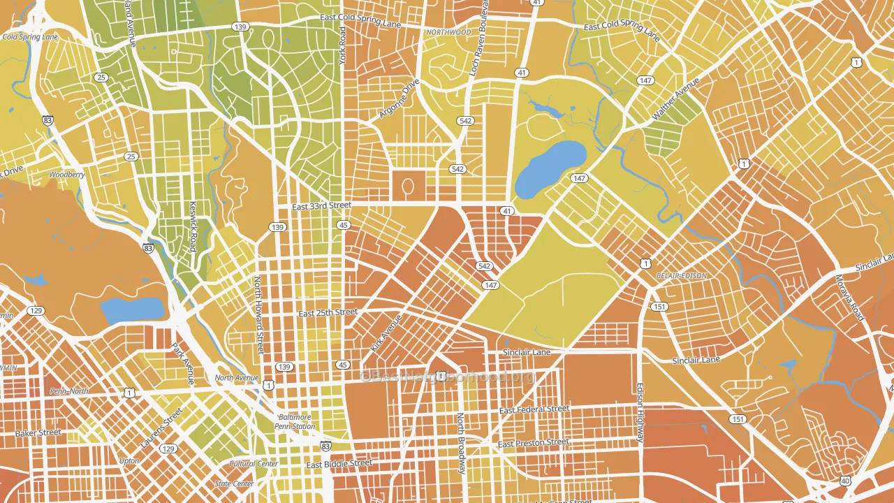 Map of the best neighborhoods in the Midway-Coldstream, Baltimore area, with better matches in green and worse matches in red