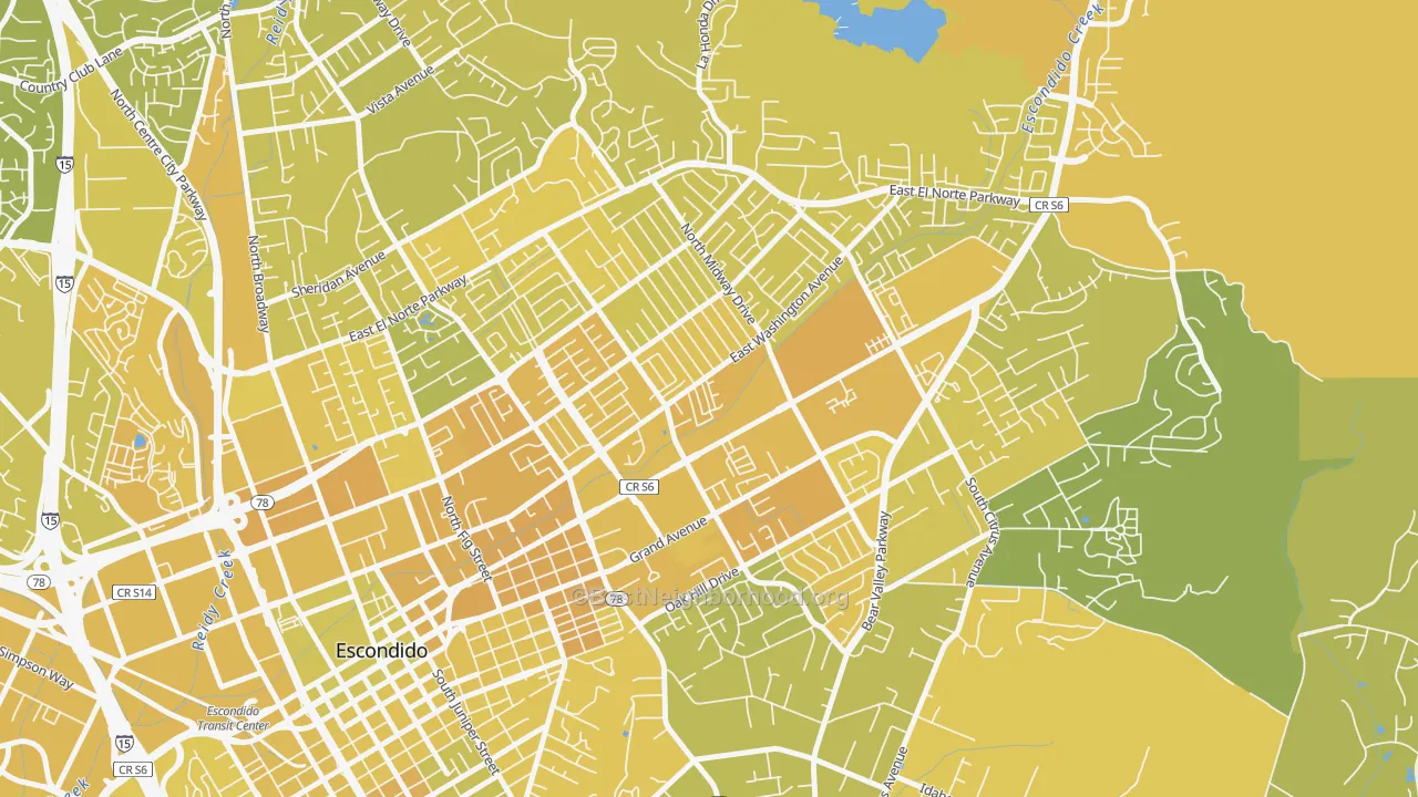 Map of the best neighborhoods in the Midway, Escondido area, with better matches in green and worse matches in red