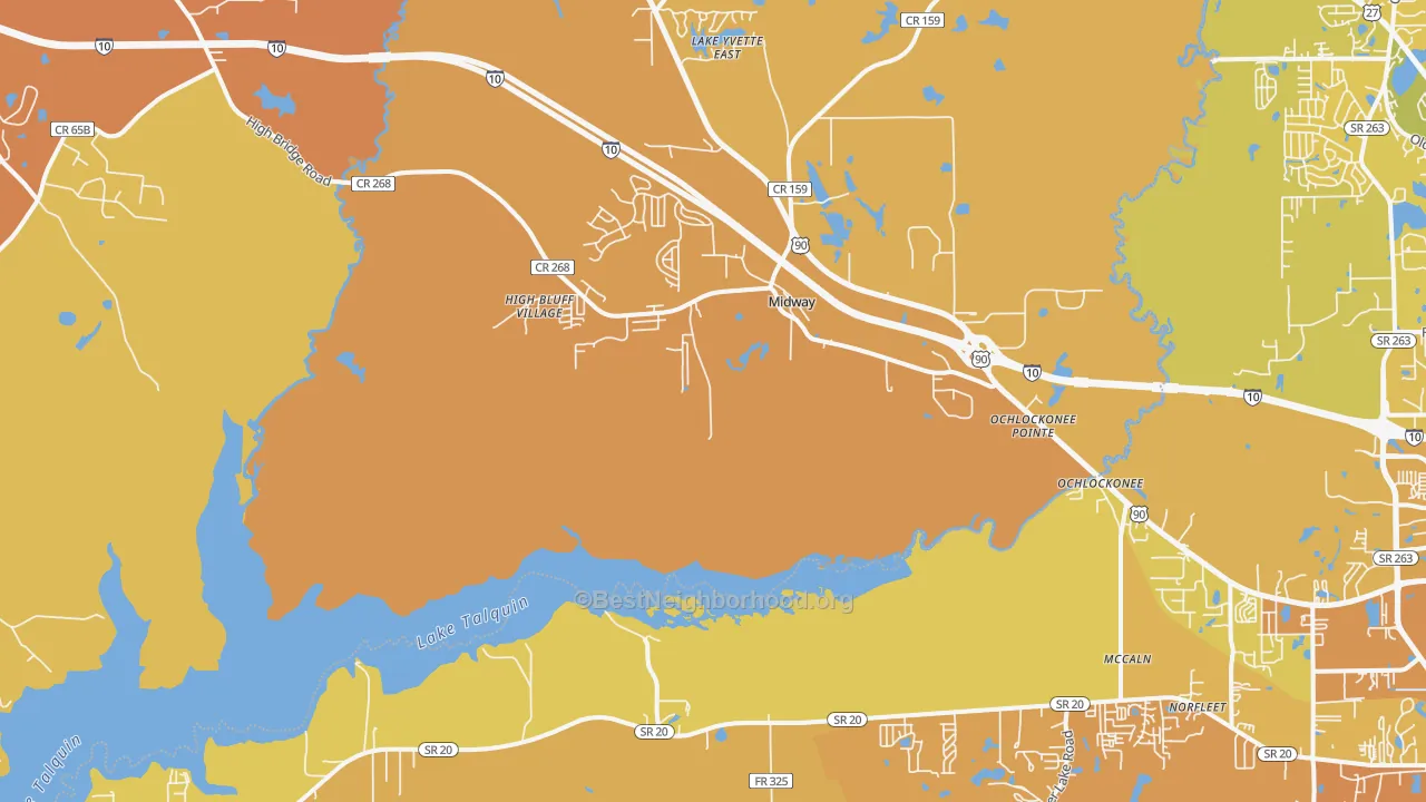Map of the best neighborhoods in the Midway area, with better matches in green and worse matches in red