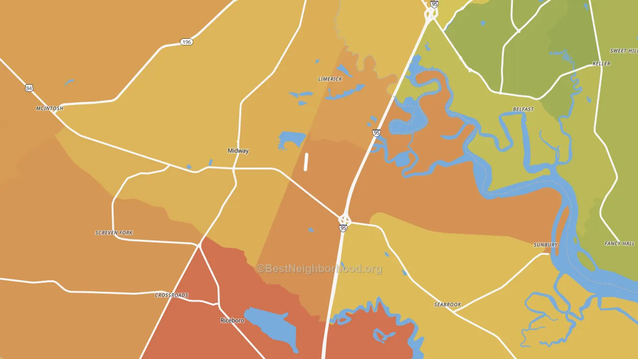 Map of the best neighborhoods in the Midway area, with better matches in green and worse matches in red