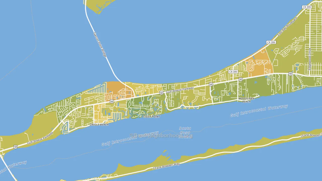 Map of the best neighborhoods in the Midway, Gulf Breeze area, with better matches in green and worse matches in red