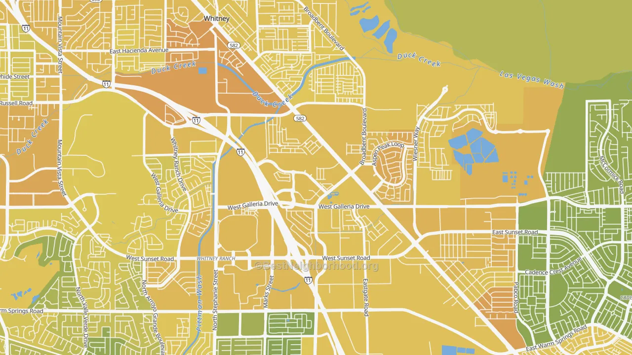 Map of the best neighborhoods in the Midway, Henderson area, with better matches in green and worse matches in red